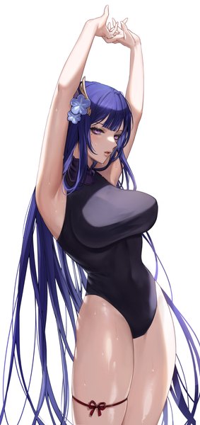 Anime picture 2582x5470 with genshin impact raiden shogun clearpage single long hair tall image looking at viewer fringe highres breasts light erotic simple background large breasts standing white background purple eyes purple hair blunt bangs parted lips arms up