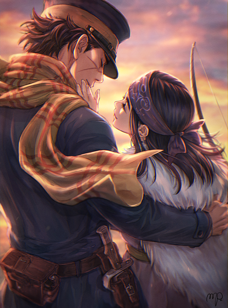 Anime picture 1520x2050 with golden kamuy asirpa sugimoto saichi mprichin long hair tall image short hair black hair signed sky traditional clothes from behind hug scar hand on another's face ainu clothes girl boy uniform weapon