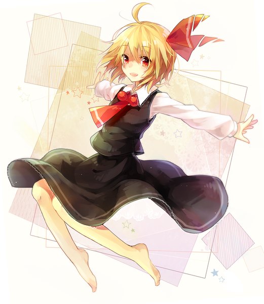 Anime picture 900x1035 with touhou rumia suzuna (mark of luck) single tall image looking at viewer blush short hair open mouth blonde hair red eyes ahoge barefoot spread arms jumping girl skirt bow hair bow skirt set