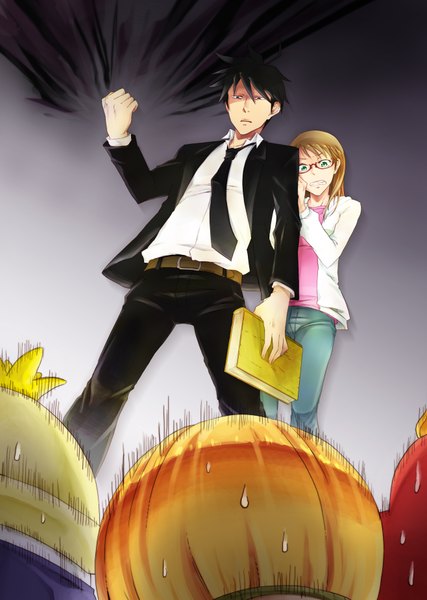 Anime picture 1316x1850 with yondemasu yo, azazel-san production i.g beelzebub (yondemasu yo, azazel-san) akutabe sakuma rinko azazel salamander (yondemasu yo, azazel-san) mitarashio long hair tall image short hair black hair blonde hair brown hair green eyes red hair from behind from below sweat sweatdrop