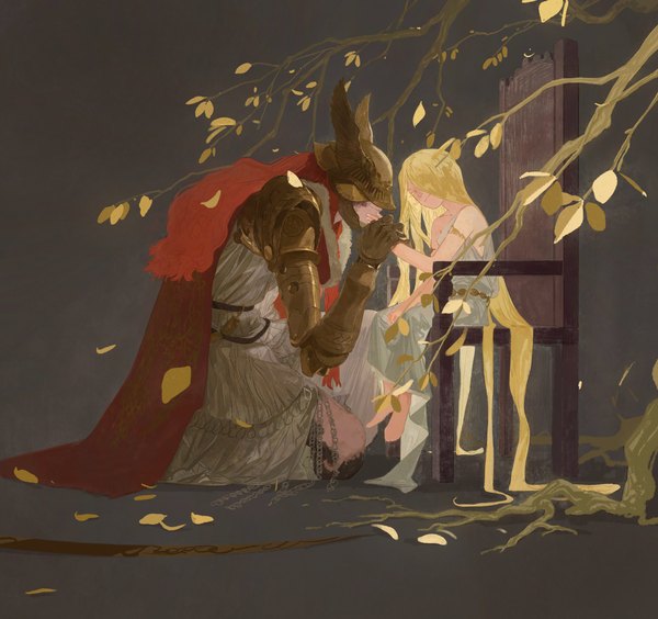 Anime picture 4096x3850 with elden ring malenia blade of miquella miquella (elden ring) enduri long hair highres simple background blonde hair sitting absurdres red hair grey background siblings brother and sister hand on another's face girl dress boy white dress leaf (leaves)