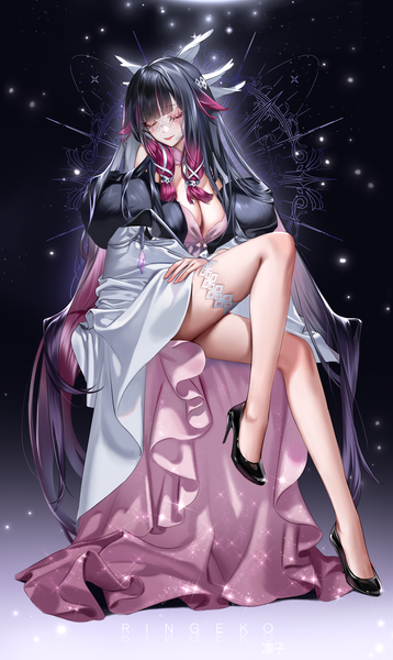 Anime picture 4836x8110 with genshin impact columbina (genshin impact) ringeko-chan single tall image blush fringe highres breasts light erotic black hair large breasts sitting signed absurdres cleavage full body bent knee (knees) blunt bangs eyes closed