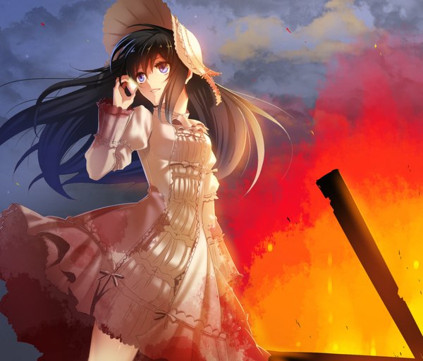 Anime picture 1800x1536 with original ktsis single long hair highres blue eyes black hair looking away sky cloud (clouds) evening sunset girl dress hat phone