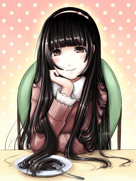 Anime picture 1200x1600 with original kazuharu kina single long hair tall image black hair smile brown eyes chin rest girl hairband chair fork