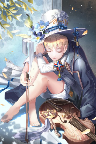 Anime picture 3409x5113 with original chenovellia single tall image fringe highres short hair blonde hair hair between eyes sitting signed absurdres eyes closed barefoot open jacket shadow crossed legs clothes on shoulders boy flower (flowers)
