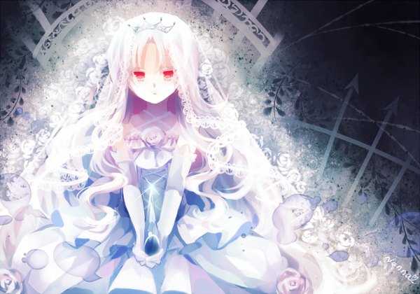 Anime picture 1356x950 with original filiananna single long hair looking at viewer blush blonde hair red eyes bare shoulders holding girl dress gloves hair ornament flower (flowers) elbow gloves white gloves white dress knife wedding dress