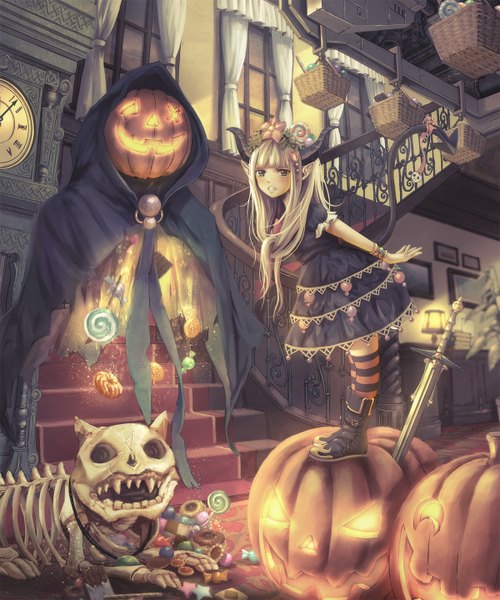 Anime picture 1200x1440 with original sho (shoichi-kokubun) single long hair tall image blush blue eyes smile white hair tail hair flower horn (horns) realistic halloween skeleton girl dress flower (flowers) weapon sword