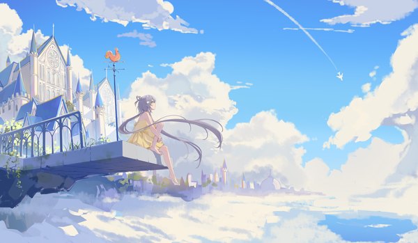Anime picture 5079x2953 with vocaloid vocaloid china luo tianyi morimori (14292311) single highres wide image sitting twintails green eyes absurdres sky purple hair cloud (clouds) full body outdoors very long hair profile barefoot wind