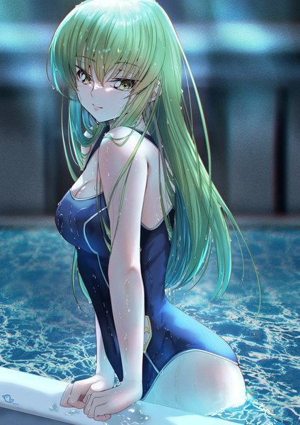 Anime picture 2893x4092 with code geass sunrise (studio) c.c. budgiepon single long hair tall image fringe highres breasts light erotic hair between eyes standing signed yellow eyes payot cleavage indoors green hair blurry