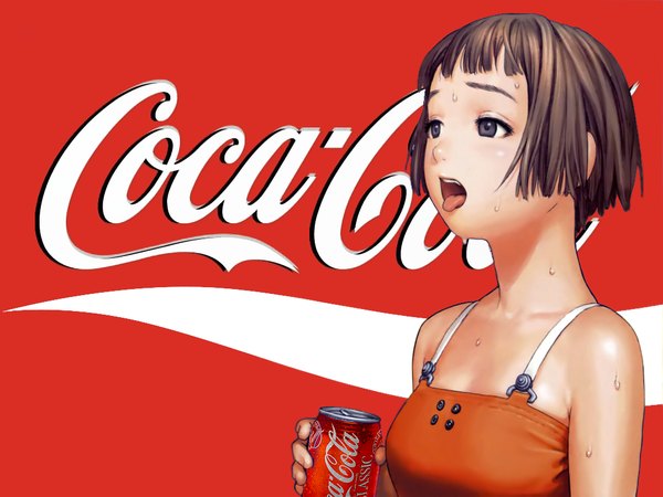 Anime picture 1024x768 with robot (manga) coca-cola range murata single short hair open mouth simple background brown hair bare shoulders brown eyes inscription wet sweat sweatdrop red background girl tongue tank top