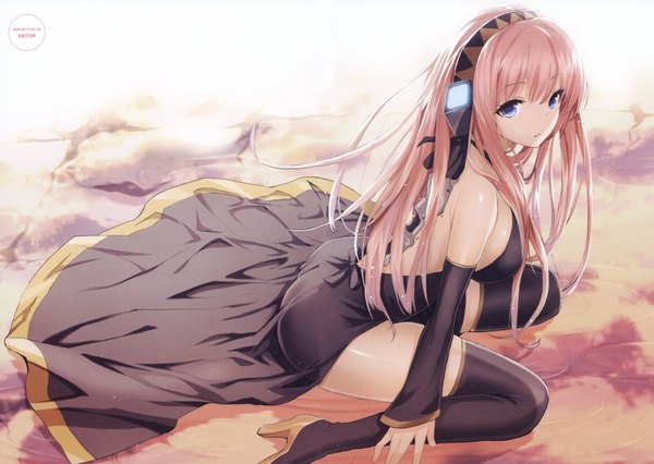 Anime picture 4229x3008 with vocaloid megurine luka saitom single long hair highres blue eyes light erotic sitting bare shoulders pink hair absurdres scan girl dress detached sleeves hairband headphones black dress thigh boots