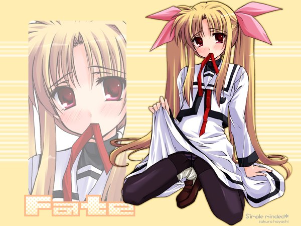 Anime picture 1600x1200 with mahou shoujo lyrical nanoha fate testarossa hayashi sakura long hair looking at viewer blush blonde hair red eyes twintails holding mouth hold third-party edit zoom layer ribbon in mouth girl underwear panties pantyhose black pantyhose striped panties