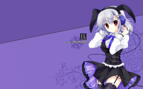 Anime picture 1500x938 with mitha short hair wide image animal ears white hair bunny ears wallpaper girl thighhighs skirt hair ornament bow black thighhighs headphones wire (wires) hairpin (hairpins) bunny headphones