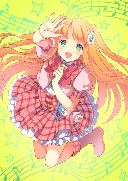 Anime picture 800x1132 with amiami (company) amico lilco yumekui single long hair tall image looking at viewer blush fringe open mouth blonde hair smile holding green eyes full body bent knee (knees) :d pleated skirt two side up