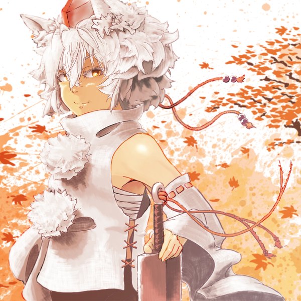 Anime picture 1500x1500 with touhou inubashiri momiji hatsuga (dmaigmai) single looking at viewer short hair bare shoulders animal ears white hair orange eyes girl weapon hat detached sleeves sword leaf (leaves) pom pom (clothes)