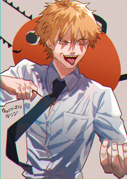 Anime picture 992x1403 with chainsaw man mappa denji (chainsaw man) pochita (chainsaw man) jun (nad-j) single tall image short hair blonde hair yellow eyes upper body teeth copyright name character names shaded face sharp teeth boy shirt necktie white shirt