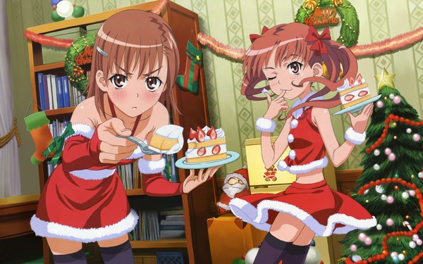 Anime picture 1920x1200 with to aru kagaku no railgun j.c. staff misaka mikoto shirai kuroko tagme (artist) highres wide image multiple girls christmas girl 2 girls
