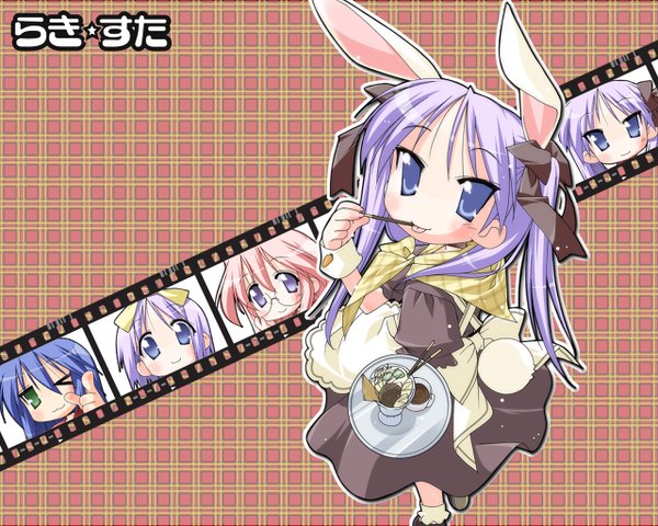 Anime picture 1280x1024 with lucky star kyoto animation izumi konata hiiragi kagami hiiragi tsukasa takara miyuki bunny girl cosplay waitress girl sweets pocky
