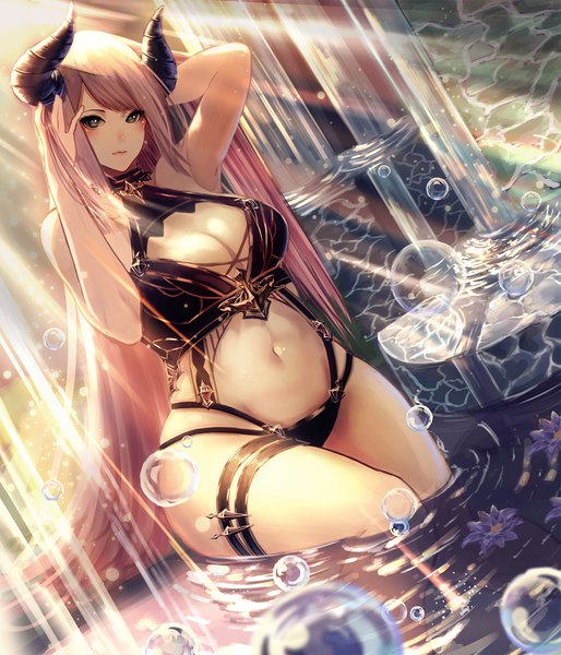 Anime picture 1500x1750 with original kisui single long hair tall image looking at viewer blush fringe breasts light erotic brown hair green eyes cleavage horn (horns) lips sunlight armpit (armpits) dutch angle partially submerged adjusting hair