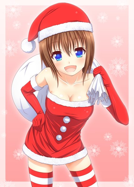 Anime picture 777x1087 with original kk-sk-ray single tall image looking at viewer blush short hair open mouth blue eyes smile brown hair fur trim christmas girl thighhighs gloves hat elbow gloves fur striped thighhighs