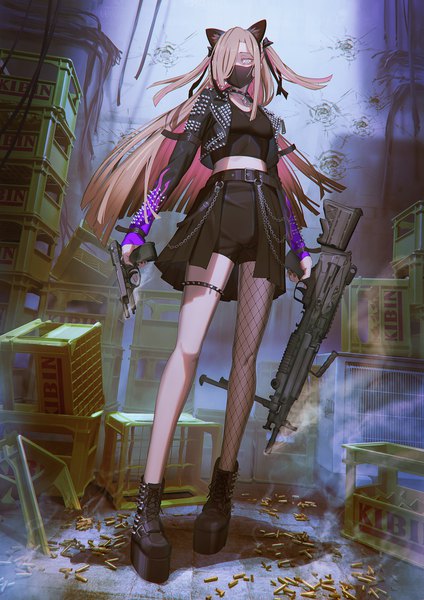 Anime picture 1447x2047 with original hironii (hirofactory) single long hair tall image looking at viewer fringe breasts brown hair standing holding animal ears full body indoors long sleeves nail polish multicolored hair fingernails cat ears hair over one eye
