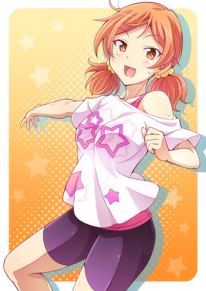Anime picture 709x1000 with idolmaster idolmaster cinderella girls komatsu ibuki e20 single tall image looking at viewer short hair open mouth twintails bare shoulders orange hair orange eyes low twintails outstretched arm short twintails framed star print orange background girl