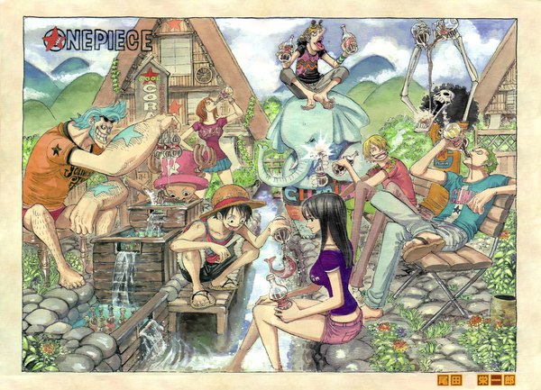 Anime picture 1800x1300 with one piece toei animation nami (one piece) monkey d. luffy nico robin roronoa zoro sanji tony tony chopper usopp franky brook (one piece) oda eiichirou long hair fringe highres short hair breasts open mouth black hair blonde hair