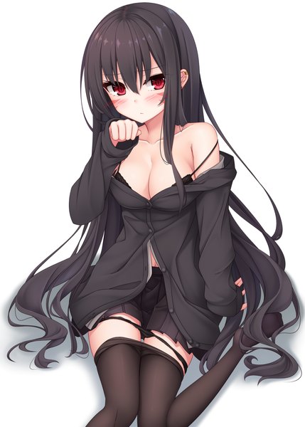 Anime picture 1072x1500 with original yoye (pastel white) single long hair tall image looking at viewer blush fringe breasts light erotic black hair simple background hair between eyes red eyes white background sitting bare shoulders payot cleavage long sleeves