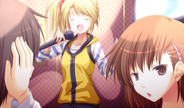 Anime picture 1024x600 with akikaze personal (game) short hair open mouth blonde hair brown hair wide image multiple girls game cg girl 2 girls microphone