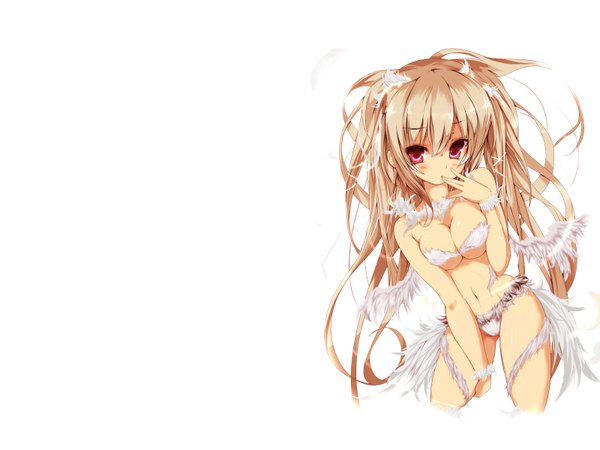 Anime picture 1600x1200 with single long hair breasts light erotic simple background blonde hair red eyes white background underwear only angel girl navel underwear panties