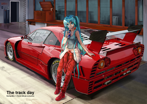 Anime picture 1800x1273 with vocaloid red bull ferrari hatsune miku takepon1123 single looking at viewer fringe highres blue eyes hair between eyes standing twintails bare shoulders holding signed blue hair full body very long hair off shoulder