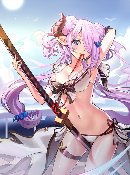 Anime picture 742x1000 with granblue fantasy narmaya (granblue fantasy) narmaya (summer) (granblue fantasy) ririko (zhuoyandesailaer) single long hair tall image looking at viewer blush fringe breasts blue eyes light erotic smile twintails holding sky cloud (clouds) horn (horns) pointy ears