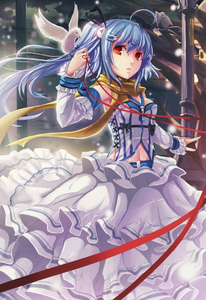 Anime picture 827x1202 with bilibili douga bili girl 33 sola (sola04) single long hair tall image looking at viewer open mouth red eyes blue hair ahoge ponytail side ponytail girl navel ribbon (ribbons) detached sleeves animal scarf bird (birds)