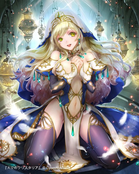 Anime picture 960x1200 with original esha single long hair tall image looking at viewer open mouth light erotic blonde hair bare shoulders yellow eyes girl thighhighs dress navel black thighhighs feather (feathers)