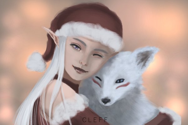 Anime picture 3000x2000 with original cleff single long hair looking at viewer highres simple background purple eyes signed upper body white hair one eye closed pointy ears wink lipstick christmas elf girl hat animal