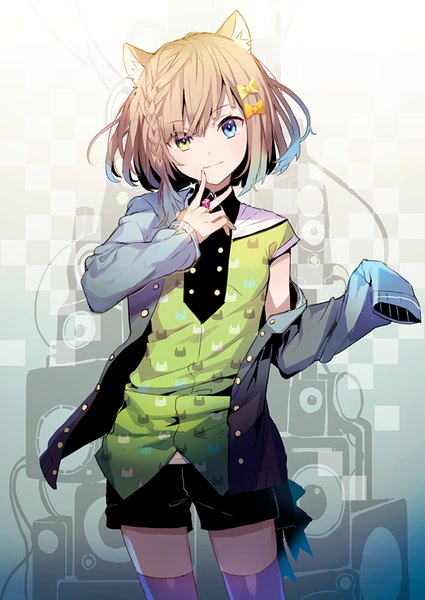 Anime picture 623x880 with original eihi single tall image looking at viewer fringe short hair blue eyes smile hair between eyes brown hair standing animal ears yellow eyes blue hair braid (braids) cat ears open clothes short sleeves heterochromia