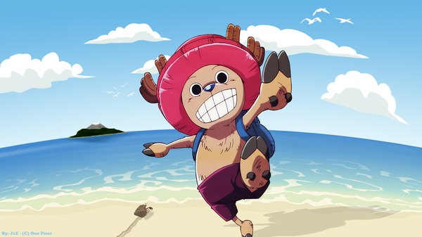 Anime picture 1920x1080 with one piece toei animation tony tony chopper highres smile wide image sky cloud (clouds) horn (horns) hat water sea
