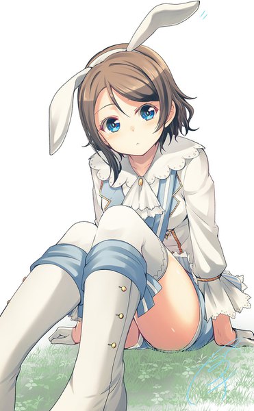 Anime picture 880x1420 with love live! sunshine!! sunrise (studio) love live! watanabe you nanotsuki single tall image short hair blue eyes brown hair white background sitting animal ears arm support bunny ears alternate costume fake animal ears girl thighhighs gloves