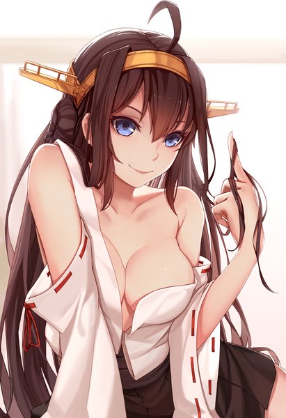 Anime picture 1200x1749 with kantai collection kongou battleship nian (zhanian) single long hair tall image looking at viewer breasts blue eyes light erotic smile brown hair cleavage ahoge pleated skirt light smile nontraditional miko girl skirt hair ornament