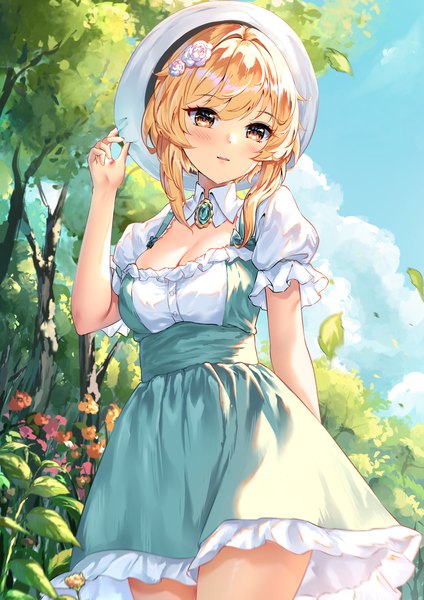 Anime picture 1364x1929 with genshin impact lumine (genshin impact) chahei single tall image looking at viewer blush fringe short hair breasts open mouth blonde hair standing yellow eyes sky cleavage cloud (clouds) outdoors head tilt arm up