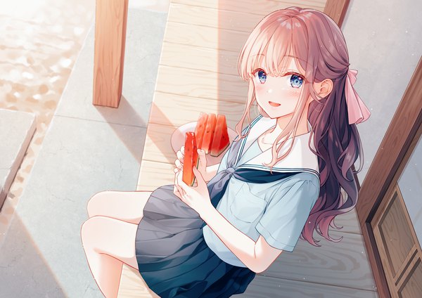 Anime picture 2200x1553 with original aoi yuki single long hair looking at viewer blush fringe highres open mouth blue eyes smile brown hair sitting holding outdoors blunt bangs :d pleated skirt from above turning head