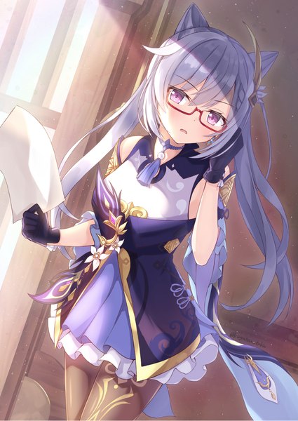 Anime picture 1003x1417 with genshin impact keqing (genshin impact) kugatsu tooka single long hair tall image looking at viewer fringe open mouth hair between eyes standing purple eyes twintails holding payot purple hair indoors sunlight hair bun (hair buns) bespectacled