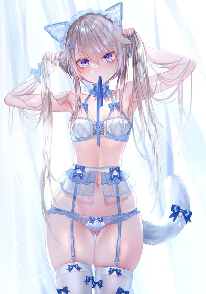 Anime picture 2800x4000 with girls frontline 9a-91 (girls frontline) pottsness single long hair tall image fringe highres breasts blue eyes light erotic hair between eyes standing holding signed animal ears silver hair indoors tail head tilt