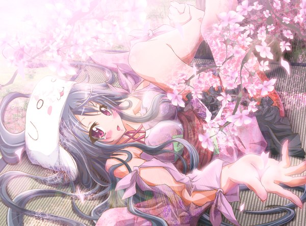 Anime picture 1350x1000 with original inoshishi (ikatomo) long hair blush open mouth black hair pink eyes cherry blossoms outstretched arm girl petals headdress branch