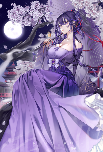 Anime picture 4759x7000 with genshin impact raiden shogun ringeko-chan single long hair tall image looking at viewer fringe highres breasts hair between eyes sitting purple eyes holding signed absurdres cleavage purple hair outdoors traditional clothes