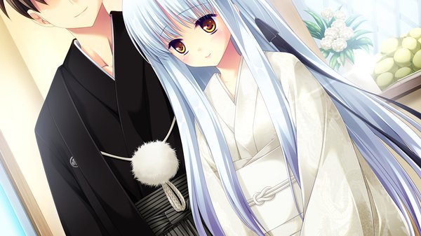 Anime picture 1024x576 with lovely quest sakuraba minaho long hair wide image yellow eyes game cg white hair traditional clothes japanese clothes girl boy ribbon (ribbons) hair ribbon kimono obi