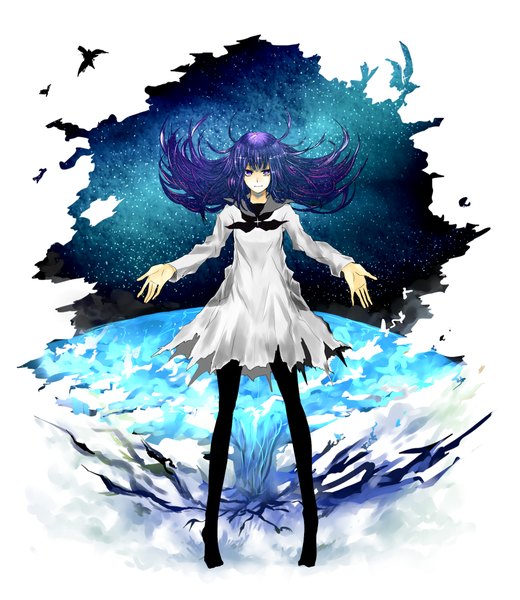Anime picture 1781x2054 with original itou (artist) single long hair tall image highres smile purple eyes purple hair no shoes torn clothes girl dress