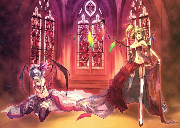 Anime picture 1300x926 with touhou flandre scarlet remilia scarlet nakadai chiaki short hair open mouth blonde hair red eyes multiple girls purple hair ponytail side ponytail girl thighhighs dress navel 2 girls white thighhighs wings hairband
