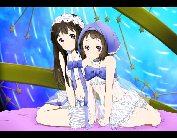 Anime picture 3600x2800 with hyouka kyoto animation chitanda eru ibara mayaka ragho no erika long hair highres short hair black hair red eyes sitting purple eyes multiple girls absurdres cleavage girl navel 2 girls headdress