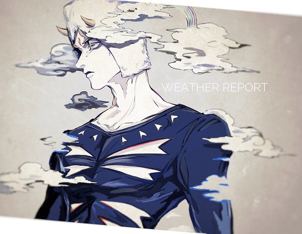 Anime picture 837x650 with jojo no kimyou na bouken weather report mizudama single looking away cloud (clouds) upper body profile horn (horns) character names white skin white eyes boy cap rainbow